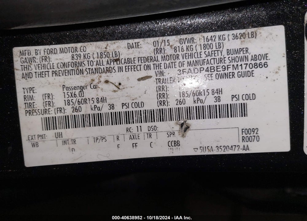 2015 FORD FIESTA SE VIN: 3FADP4BE9FM170866