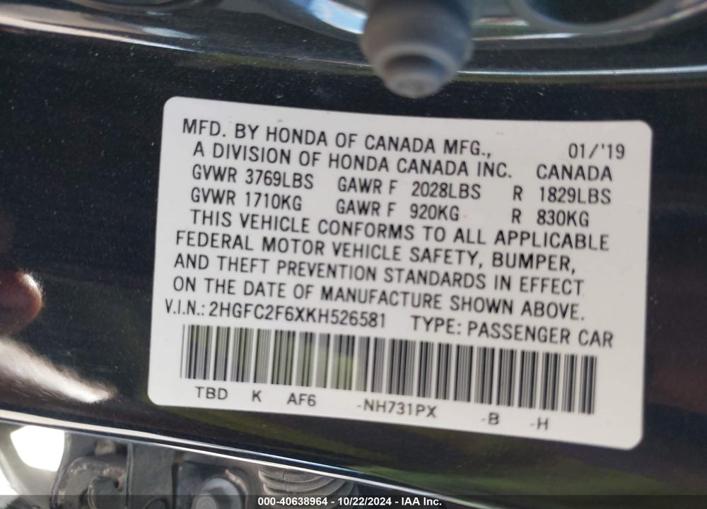 2019 HONDA CIVIC LX VIN: 2HGFC2F6XKH526581