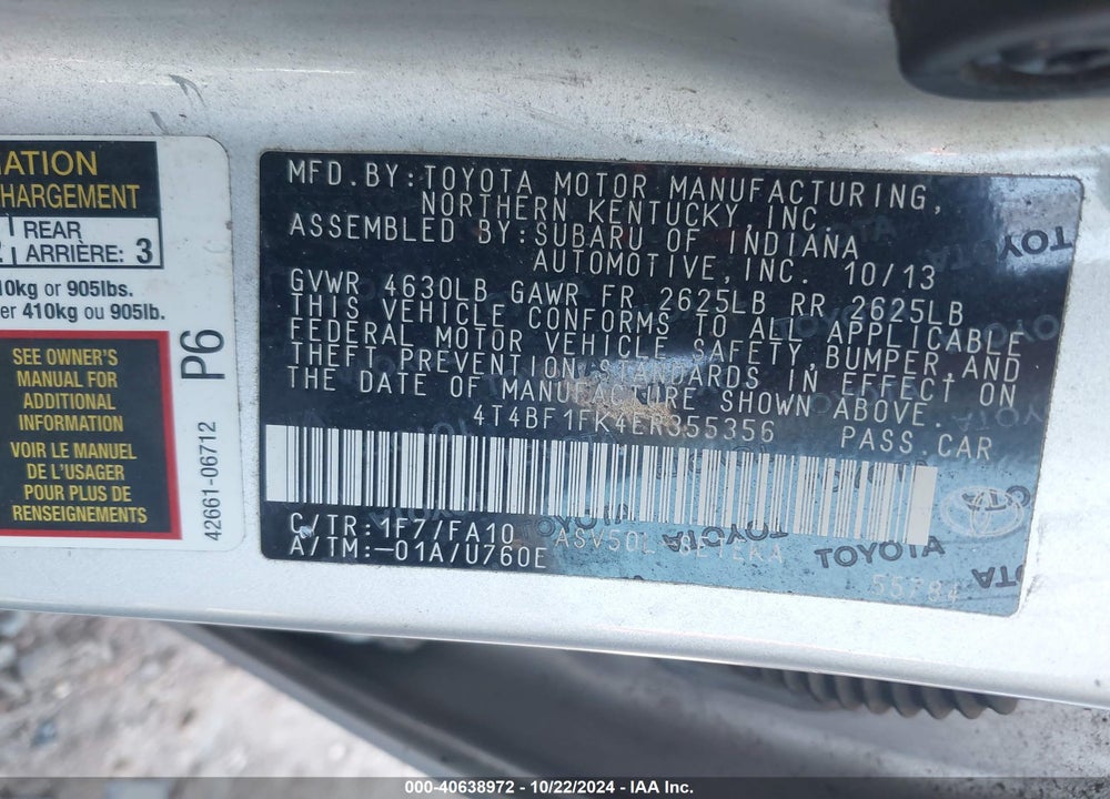2014 TOYOTA CAMRY VIN: 4T4BF1FK4ER355356