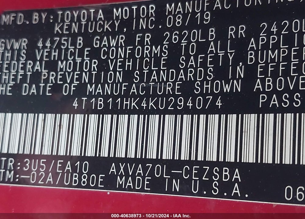 2019 TOYOTA CAMRY SE VIN: 4T1B11HK4KU294074