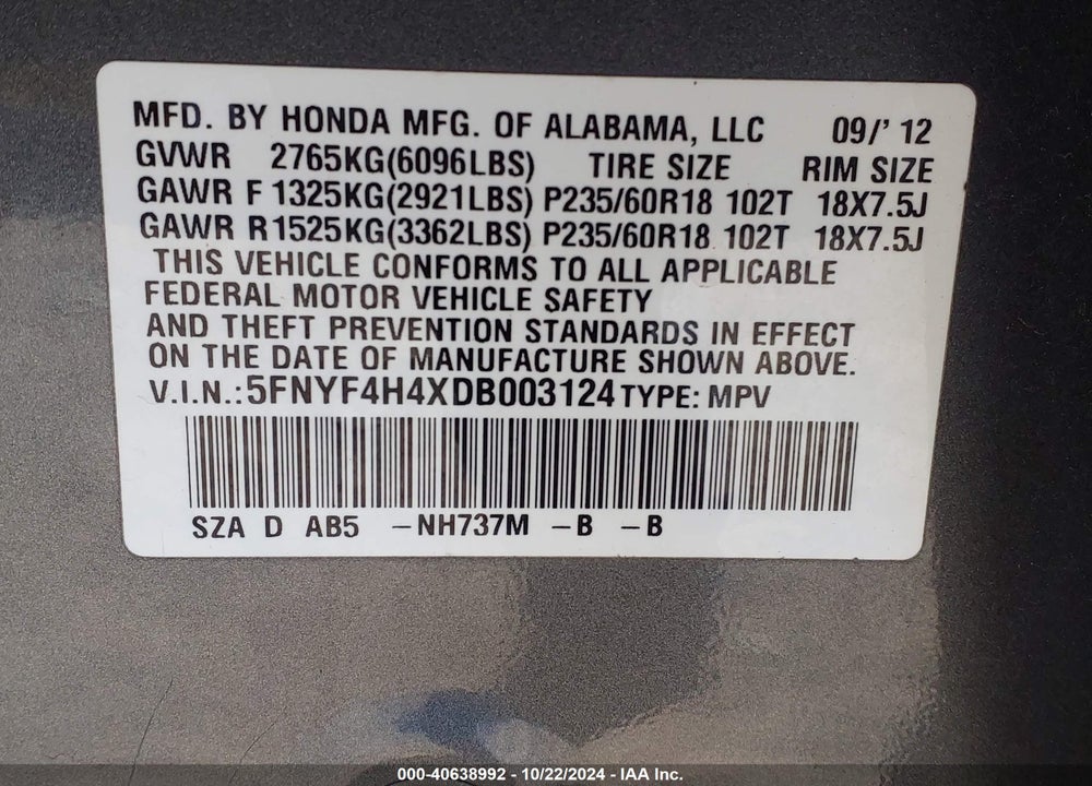 2013 HONDA PILOT EX VIN: 5FNYF4H4XDB003124
