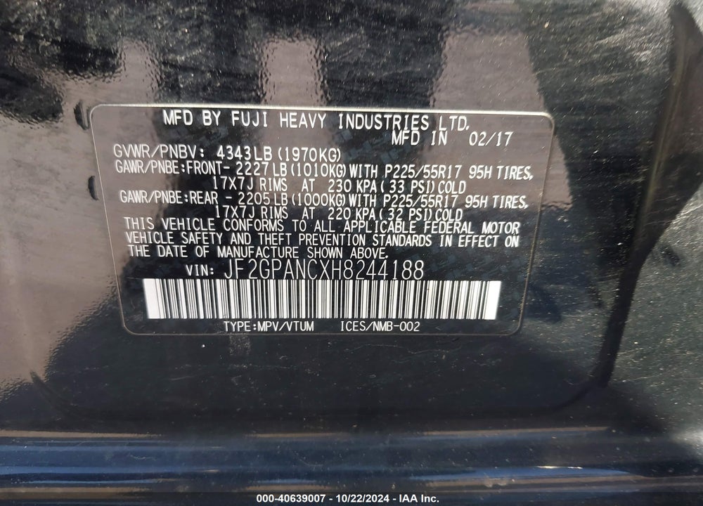 2017 SUBARU CROSSTREK 2.0I LIMITED VIN: JF2GPANCXH8244188