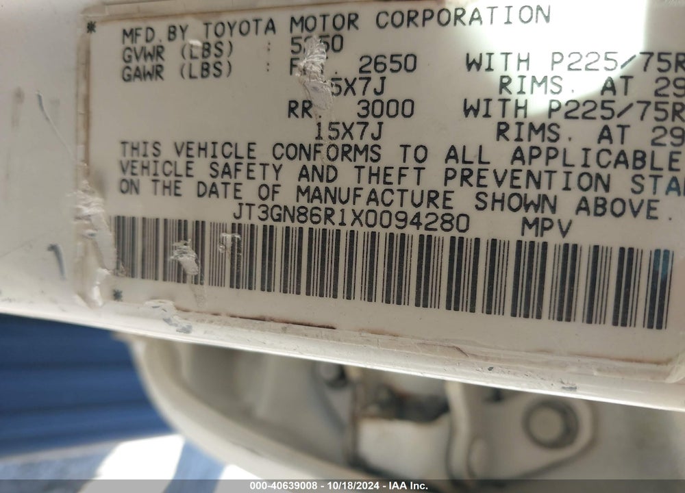 1999 TOYOTA 4RUNNER SR5 V6 VIN: JT3GN86R1X0094280