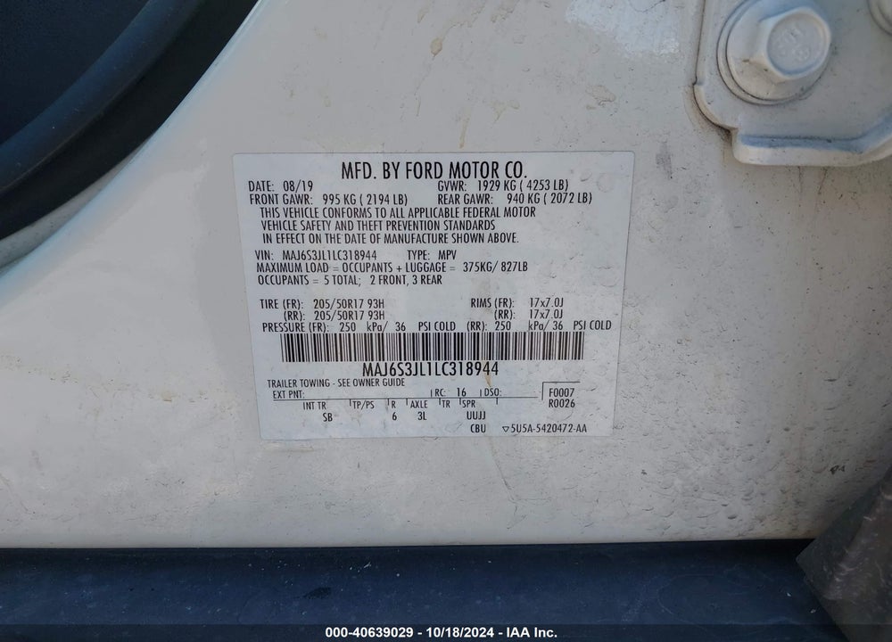 2020 FORD ECOSPORT SES VIN: MAJ6S3JL1LC318944