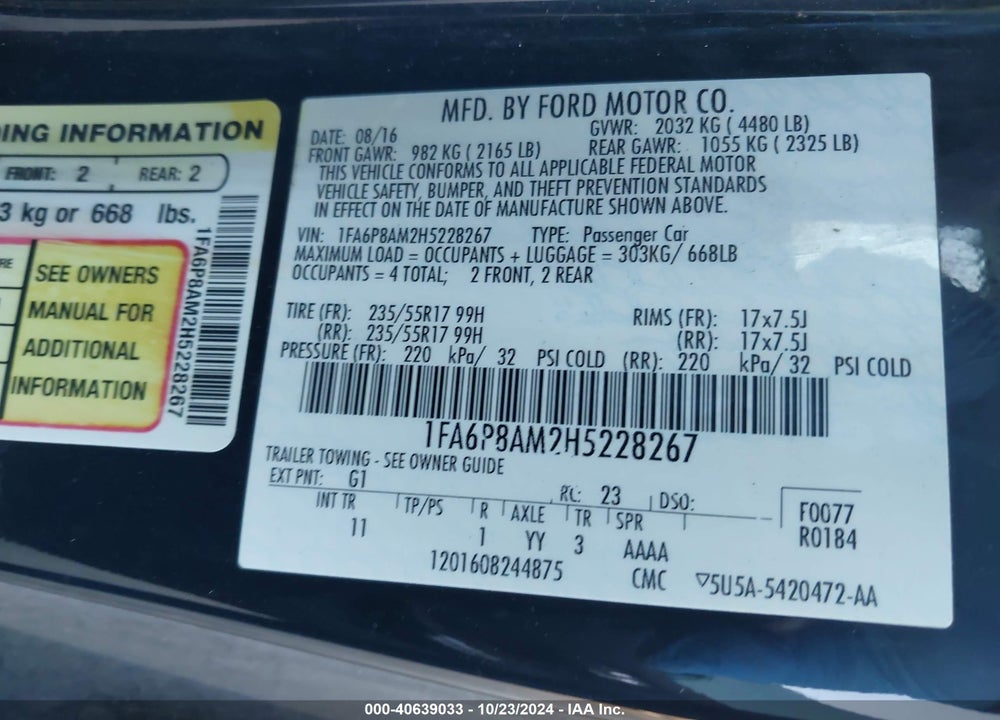 2017 FORD MUSTANG V6 VIN: 1FA6P8AM2H5228267