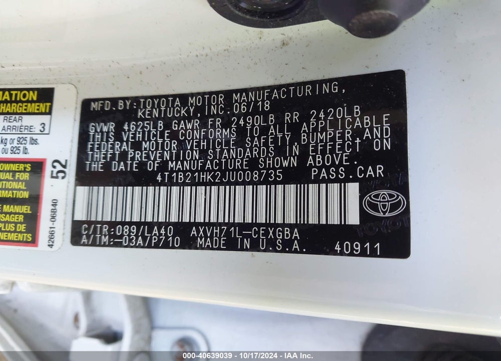 2018 TOYOTA CAMRY HYBRID XLE VIN: 4T1B21HK2JU008735