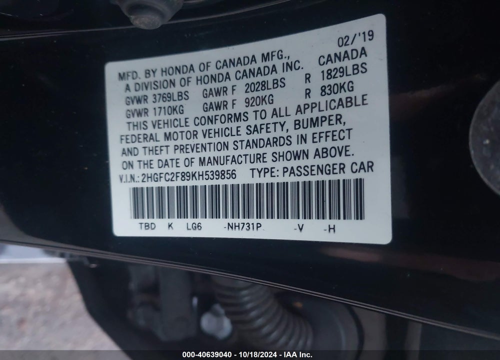 2019 HONDA CIVIC SPORT VIN: 2HGFC2F89KH539856