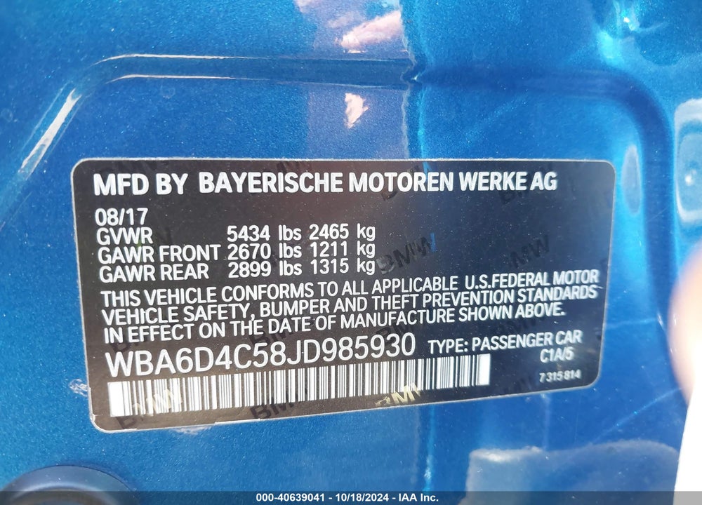 2018 BMW 650I GRAN COUPE VIN: WBA6D4C58JD985930
