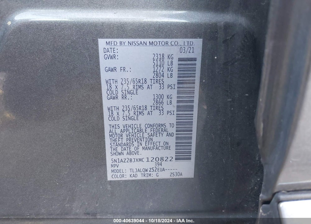 2021 NISSAN MURANO SV FWD VIN: 5N1AZ2BJXMC120822
