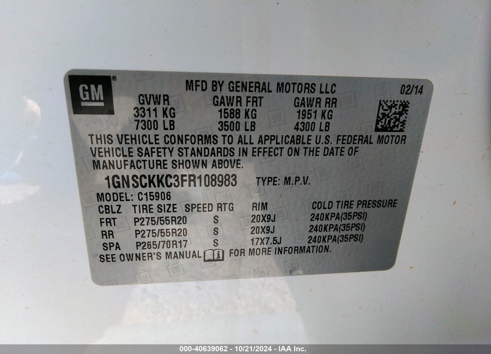 2015 CHEVROLET SUBURBAN 1500 LTZ VIN: 1GNSCKKC3FR108983