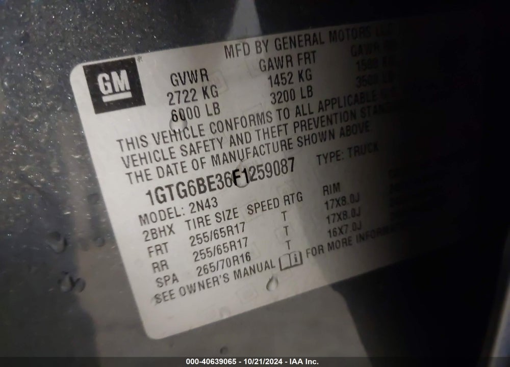 2015 GMC CANYON SLE VIN: 1GTG6BE36F1259087