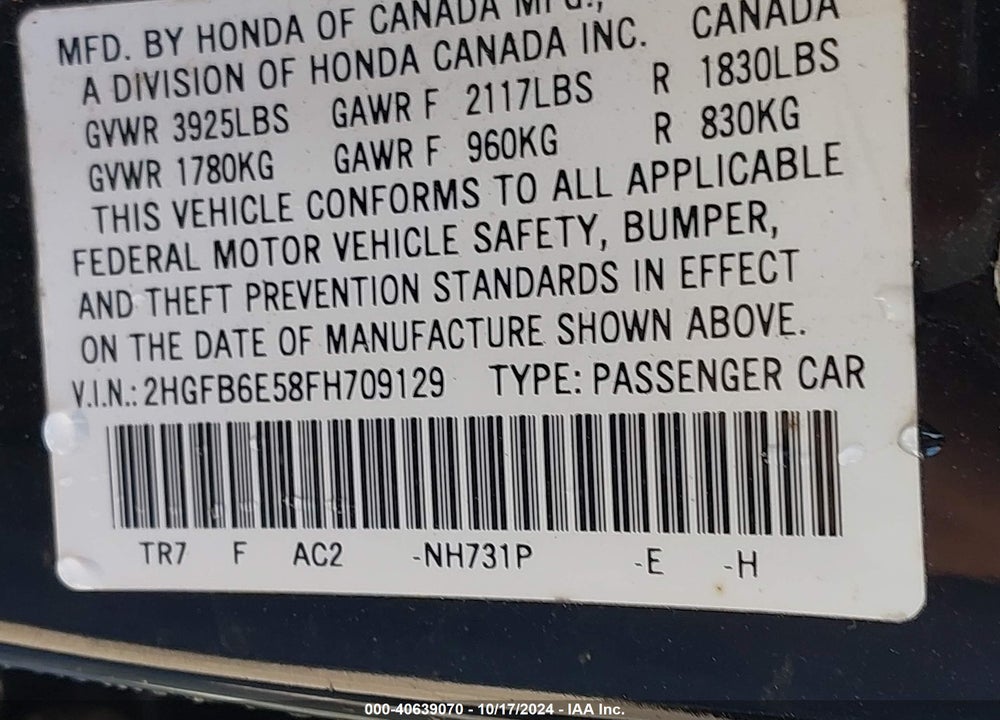 2015 HONDA CIVIC SI VIN: 2HGFB6E58FH709129