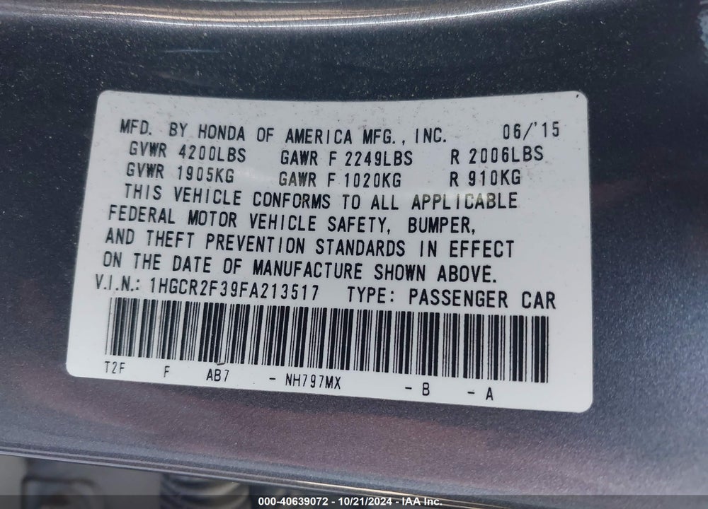 2015 HONDA ACCORD LX VIN: 1HGCR2F39FA213517