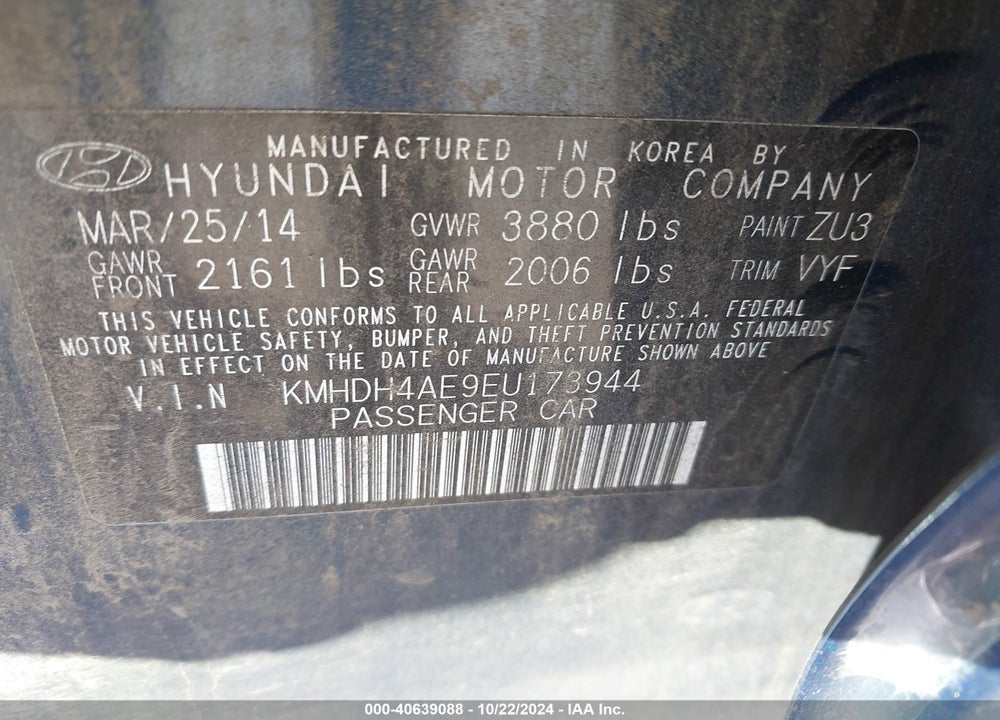 2014 HYUNDAI ELANTRA SE VIN: KMHDH4AE9EU173944