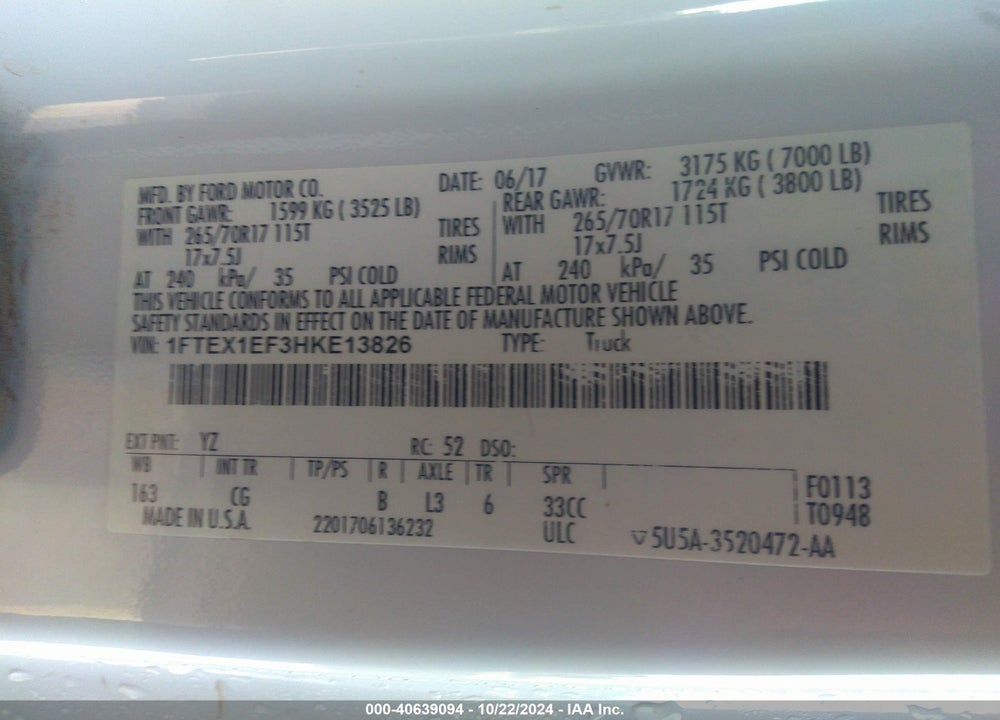 2017 FORD F-150 XL VIN: 1FTEX1EF3HKE13826