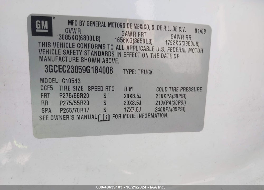 2009 CHEVROLET SILVERADO 1500 LT VIN: 3GCEC23059G184008