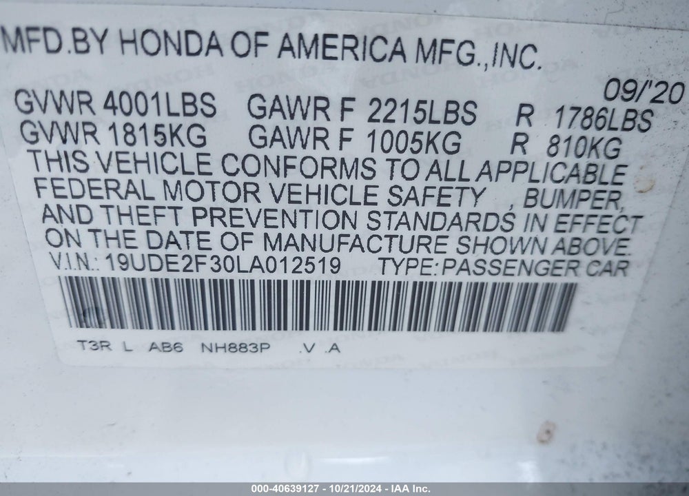 2020 ACURA ILX STANDARD VIN: 19UDE2F30LA012519