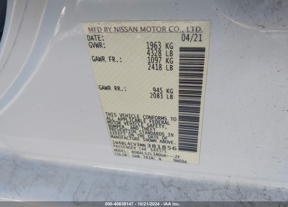 2021 NISSAN ALTIMA SR FWD VIN: 1N4BL4CV3MN381856