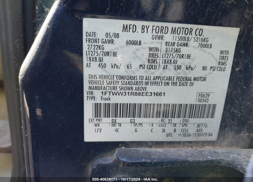 2008 HARLEY-DAVIDSON FORD F-350 FX4//KING RANCH/LARIAT/XL/XLT VIN: 1FTWW31R88EE31661