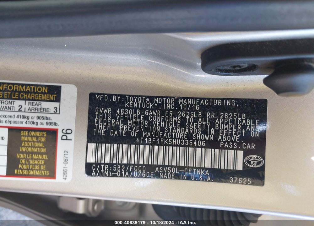 2017 TOYOTA CAMRY LE VIN: 4T1BF1FK5HU335406