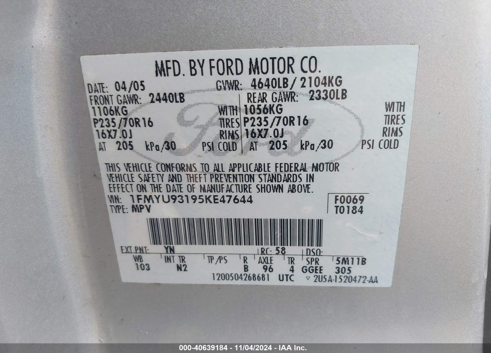 2005 FORD ESCAPE XLT VIN: 1FMYU93195KE47644