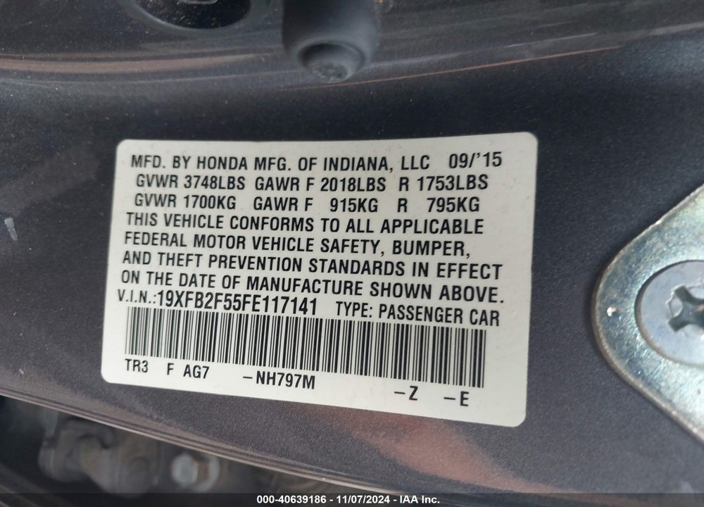 2015 HONDA CIVIC LX VIN: 19XFB2F55FE117141