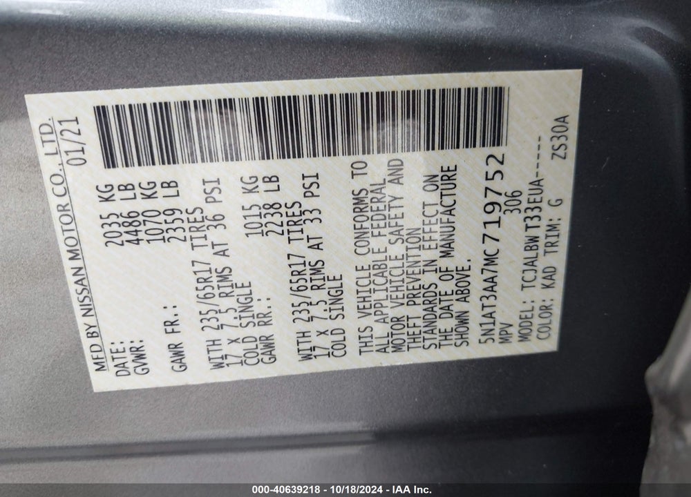2021 NISSAN ROGUE VIN: 5N1AT3AA7MC719752