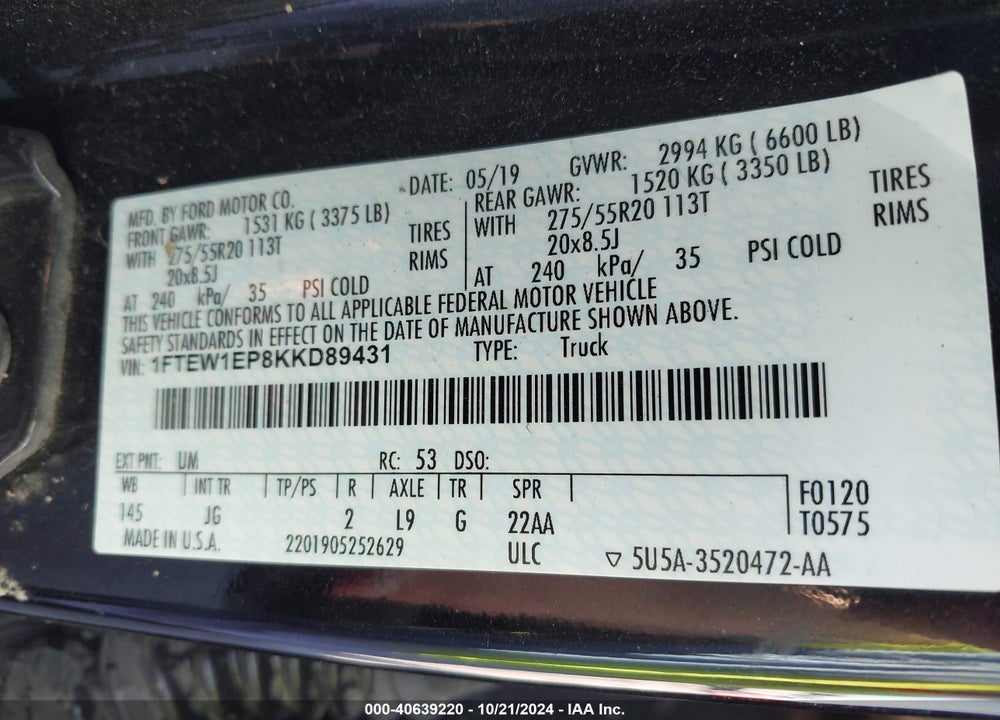 2019 FORD F-150 XL VIN: 1FTEW1EP8KKD89431