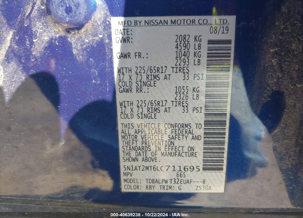 2020 NISSAN ROGUE S FWD VIN: 5N1AT2MT6LC711695