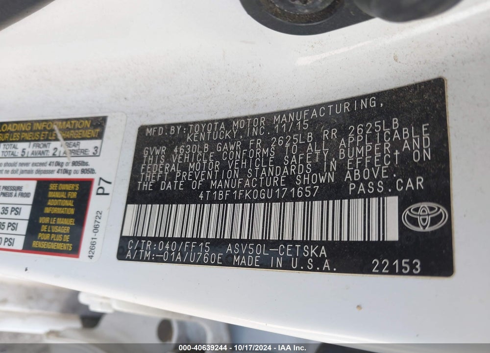 2016 TOYOTA CAMRY SE VIN: 4T1BF1FK0GU171657