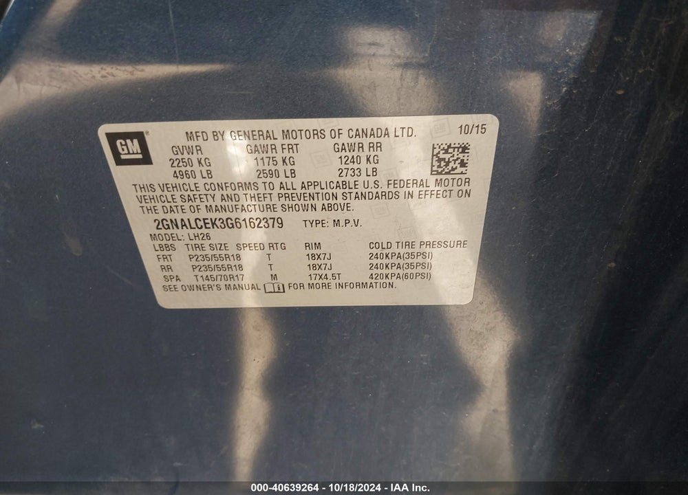 2016 CHEVROLET EQUINOX LT VIN: 2GNALCEK3G6162379
