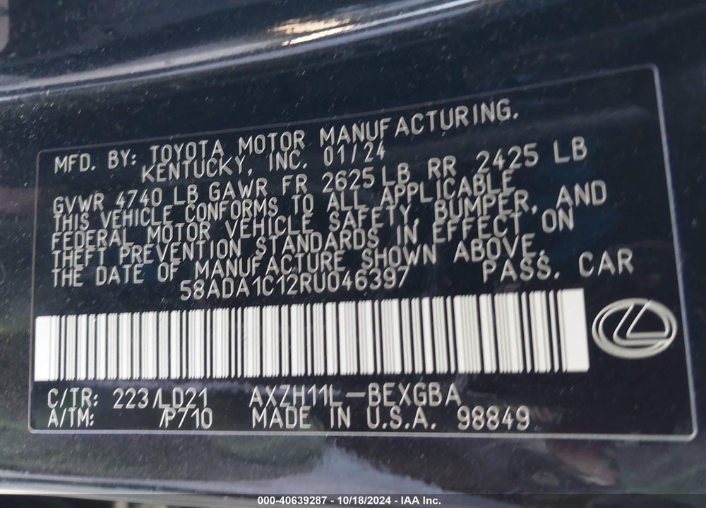 2024 LEXUS ES 300H VIN: 58ADA1C12RU046397
