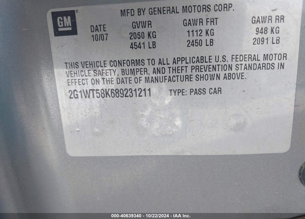 2008 CHEVROLET IMPALA LT VIN: 2G1WT58K689231211