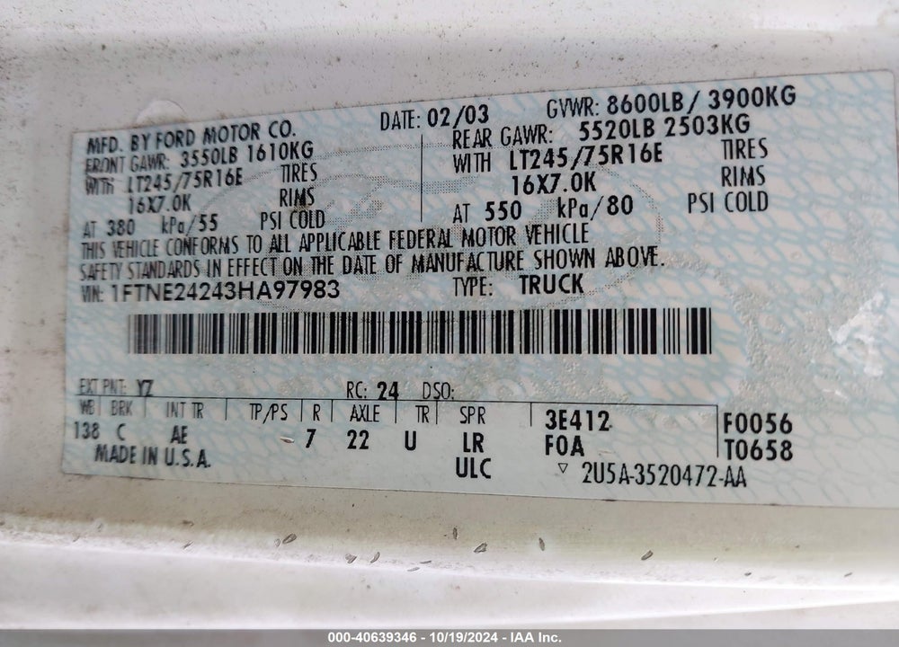2003 FORD E-250 COMMERCIAL VIN: 1FTNE24243HA97983