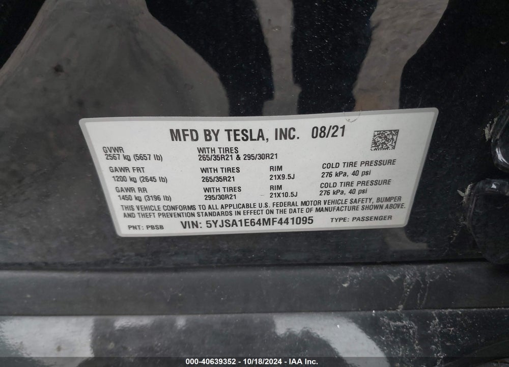 2021 TESLA MODEL S PLAID TRI MOTOR ALL-WHEEL DRIVE VIN: 5YJSA1E64MF441095