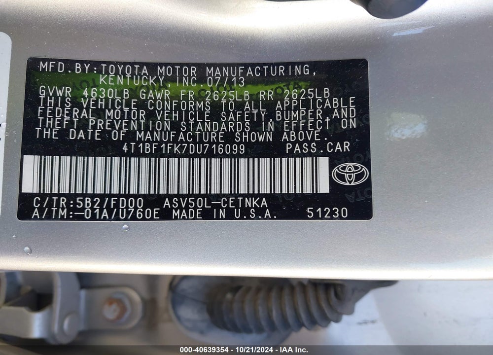2013 TOYOTA CAMRY LE VIN: 4T1BF1FK7DU716099