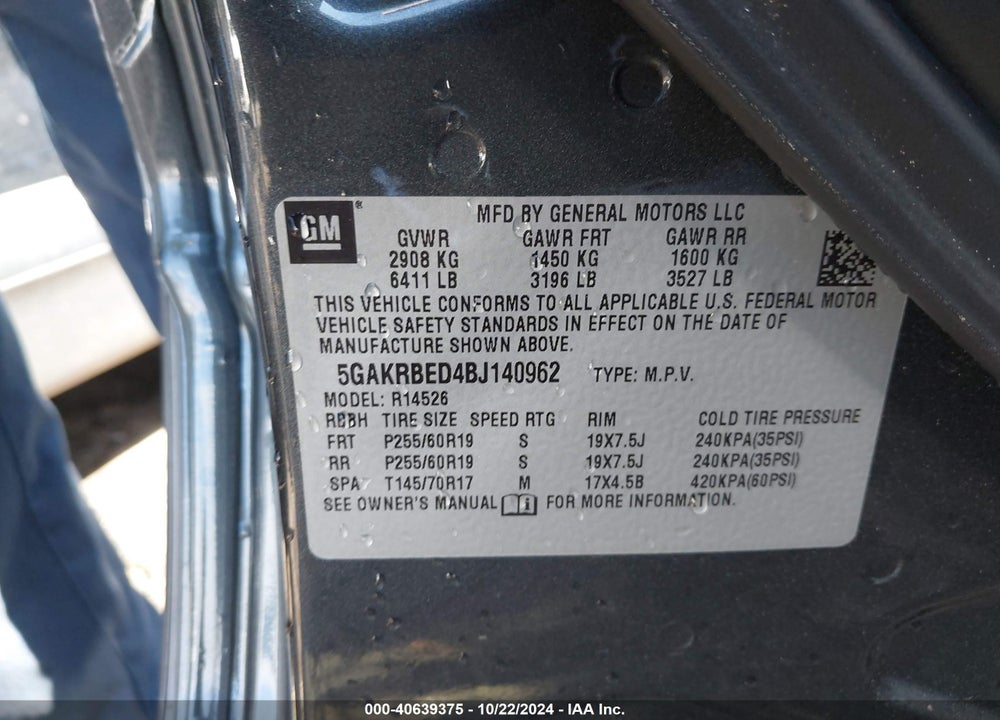 2011 BUICK ENCLAVE 1XL VIN: 5GAKRBED4BJ140962