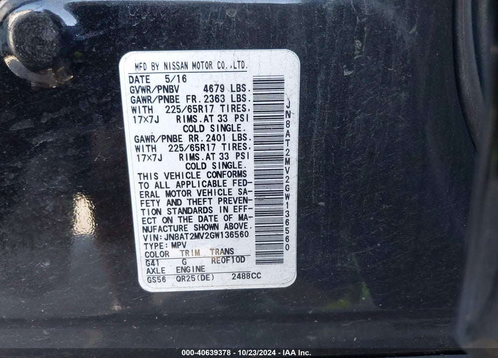 2016 NISSAN ROGUE S VIN: JN8AT2MV2GW136560