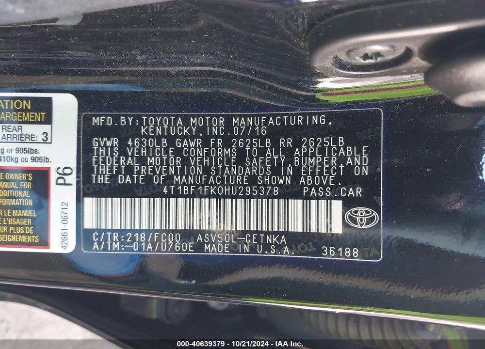 2017 TOYOTA CAMRY LE VIN: 4T1BF1FK0HU295378
