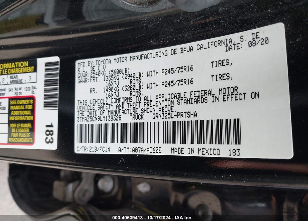 2020 TOYOTA TACOMA SR5 V6 VIN: 3TMAZ5CN9LM138328
