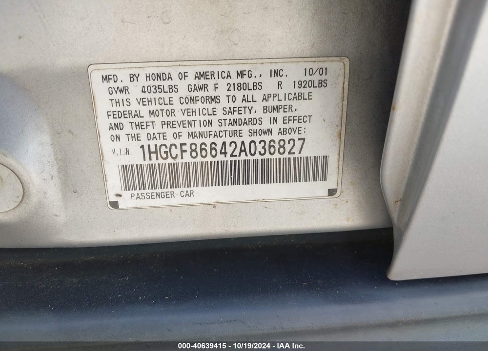 2002 HONDA ACCORD 2.3 VP VIN: 1HGCF86642A036827