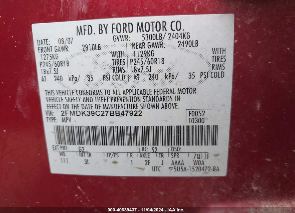 2007 FORD EDGE SEL PLUS VIN: 2FMDK39C27BB47922