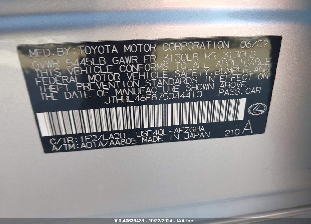 2007 LEXUS LS 460 VIN: JTHBL46F875044410
