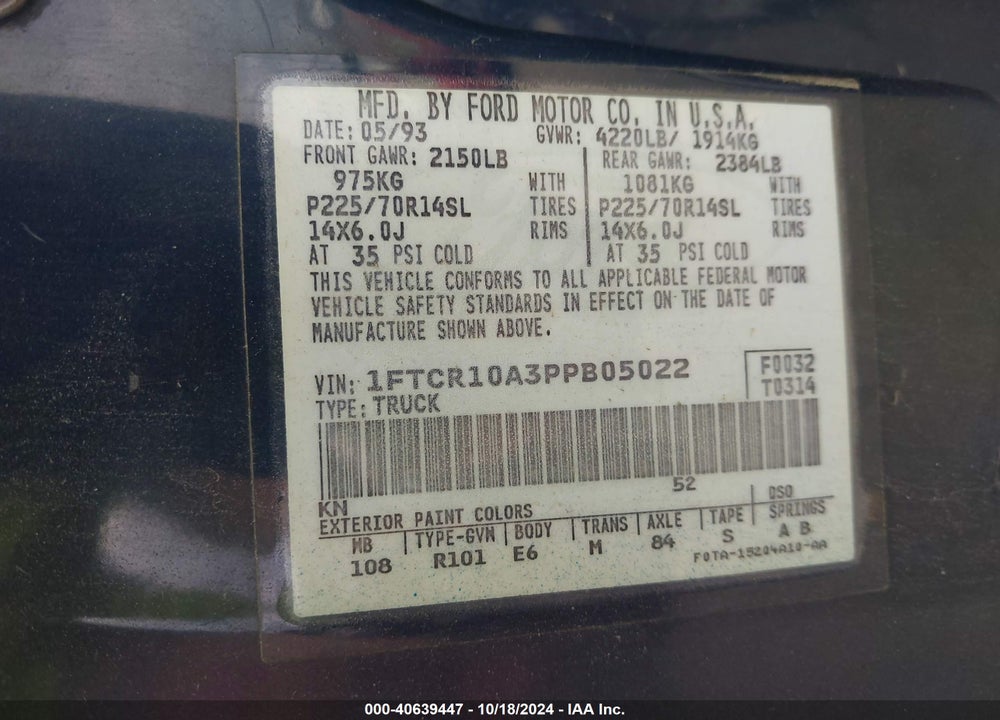 1993 FORD RANGER VIN: 1FTCR10A3PPB05022