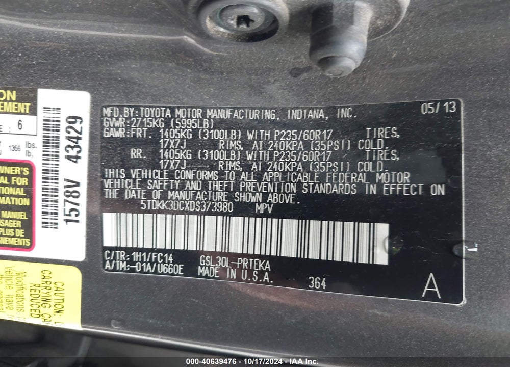 2013 TOYOTA SIENNA LE V6 8 PASSENGER VIN: 5TDKK3DCXDS373980