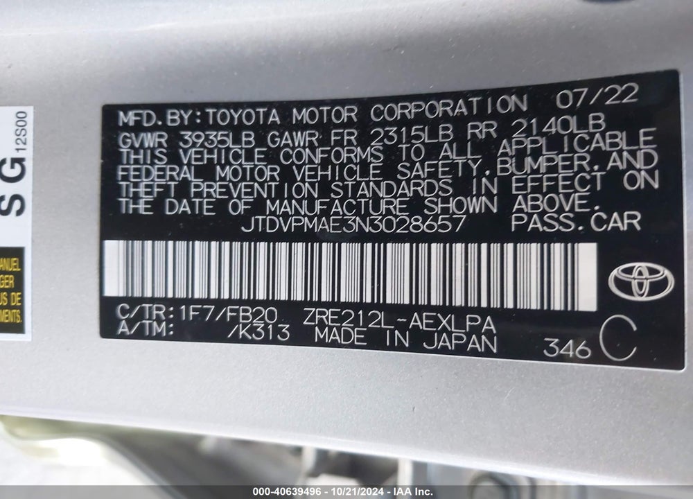 2022 TOYOTA COROLLA LE VIN: JTDVPMAE3N3028657