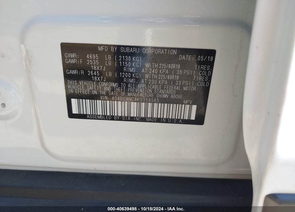 2019 SUBARU OUTBACK 2.5I LIMITED VIN: 4S4BSANC4K3358565