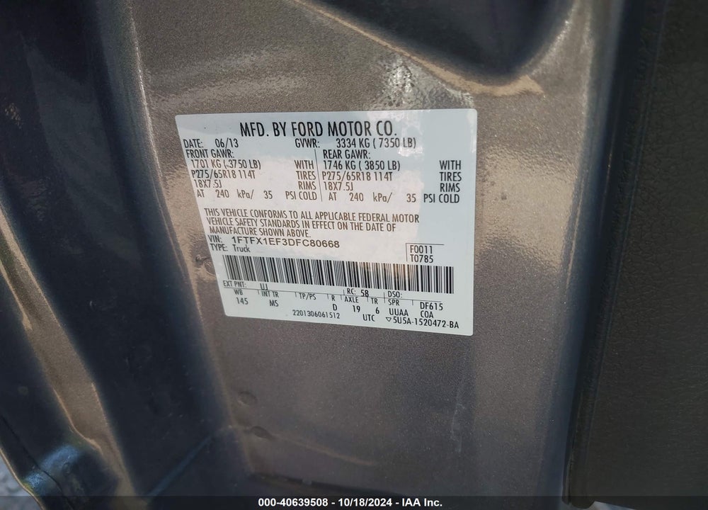 2013 FORD F-150 XLT VIN: 1FTFX1EF3DFC80668