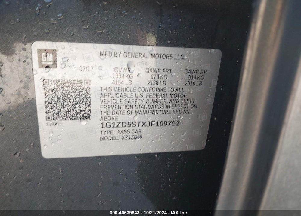 2018 CHEVROLET MALIBU VIN: 1G1ZD5STXJF109752