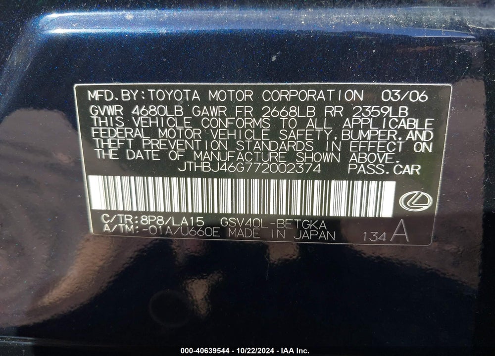 2007 LEXUS ES 350 VIN: JTHBJ46G772002374